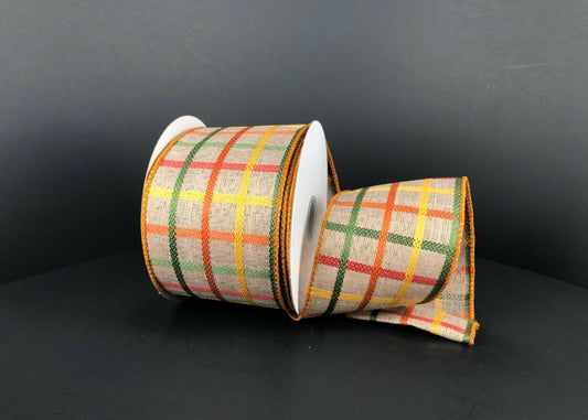 10 Yards - 2.5" Wired Natural Background Green, Yellow, and Orange Stitched Check Fall Ribbon