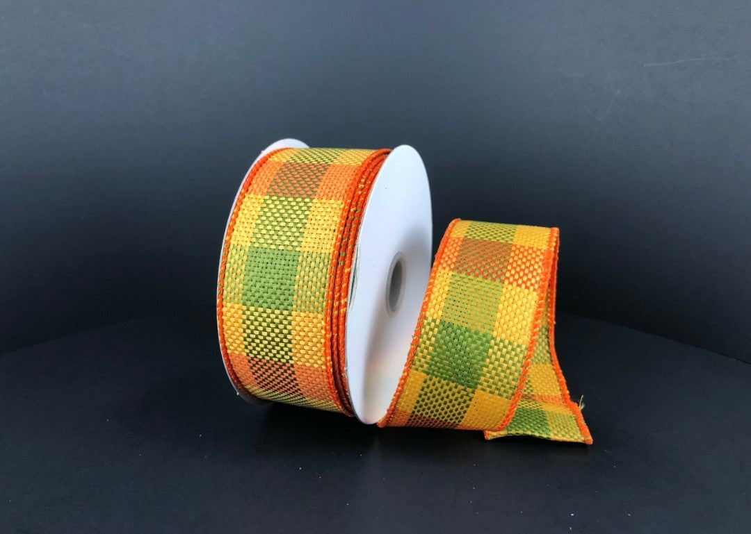 10 Yards - 1.5" Wired Orange, Olive Green, and Yellow Fall Check Ribbon