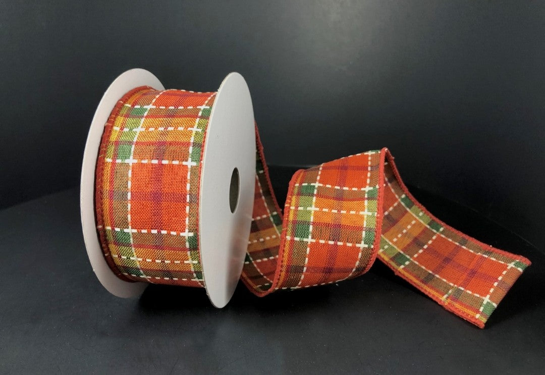 10 Yards - 1.5" Wired Orange, Olive Green, Yellow, Burgundy, and White Check Fall Ribbon