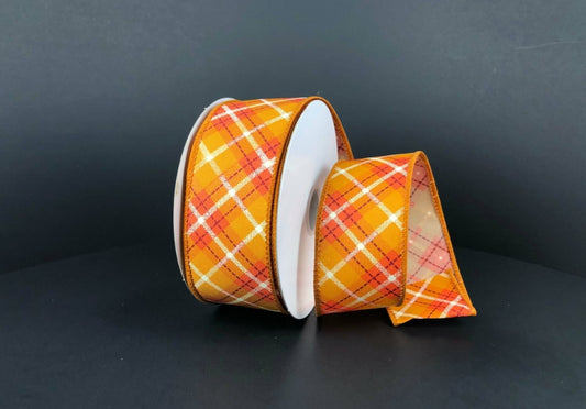 10 Yards - 1.5” Wired Orange, Cream, and Burgundy Fall Cross Check Ribbon