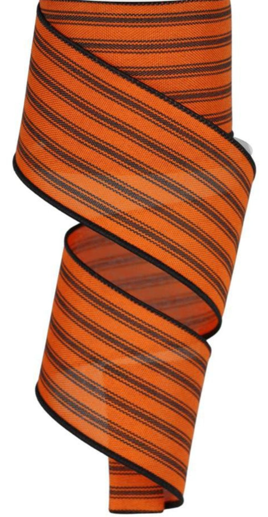 10 Yards - 2.5” Wired Black and Orange Halloween Ticking Stripes Ribbon