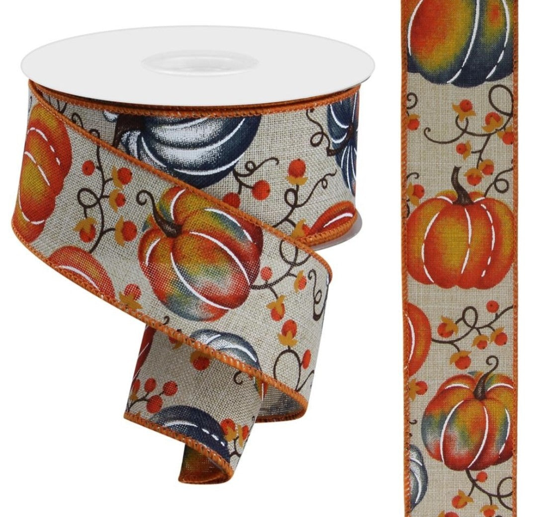 Pumpkin Ribbon Rhinestone 10 Yards - 1.5” Wired Natural Background Fall Pumpkin Berry Ribbon ...