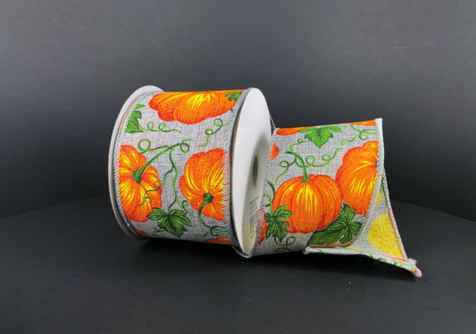10 Yards - 2.5” Wired Gray with Orange Fall Pumpkins Ribbon