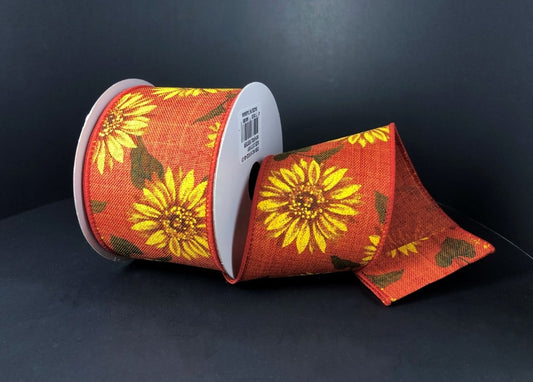 10 Yards - 2.5” Wired Burnt Orange Fall Sunflower Ribbon