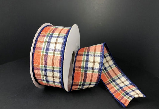 10 Yards - 1.5” Wired Blue, Orange, Cream, Green, and Brown Fall Check Ribbon