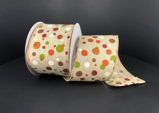 10 Yards - 2.5” Wired Natural Background Fall Polka Dot Ribbon with Glitter Accent