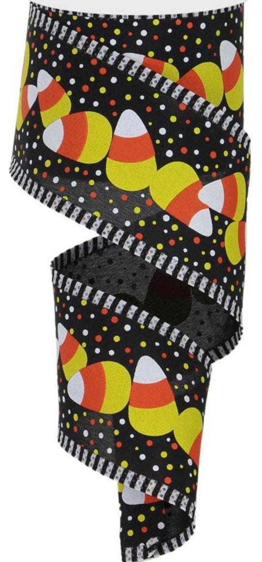 10 Yards - 2.5” Wired Black Background Halloween Candy Corn Ribbon with Stripe Edge