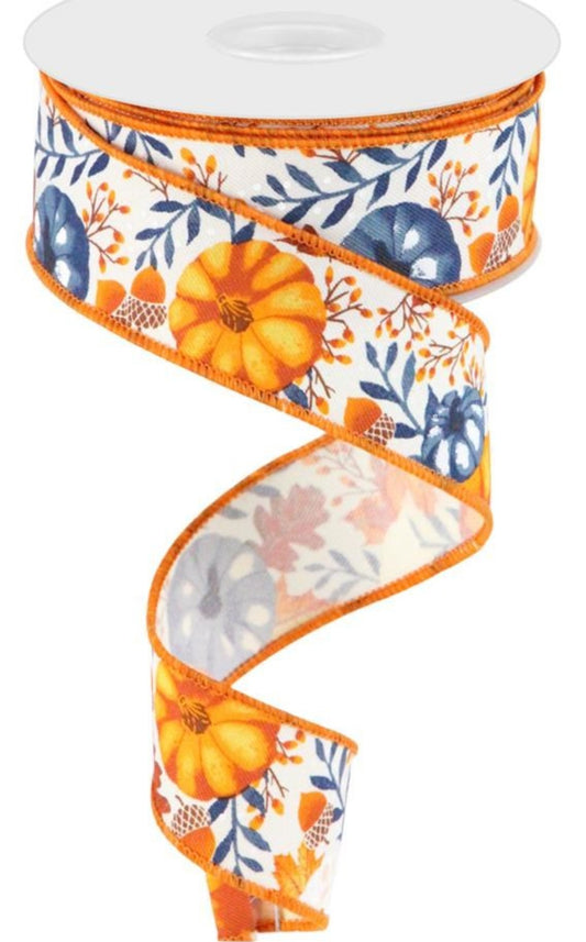 10 Yards - 1.5” Wired Cream Background Fall Foliage Pumpkin Ribbon