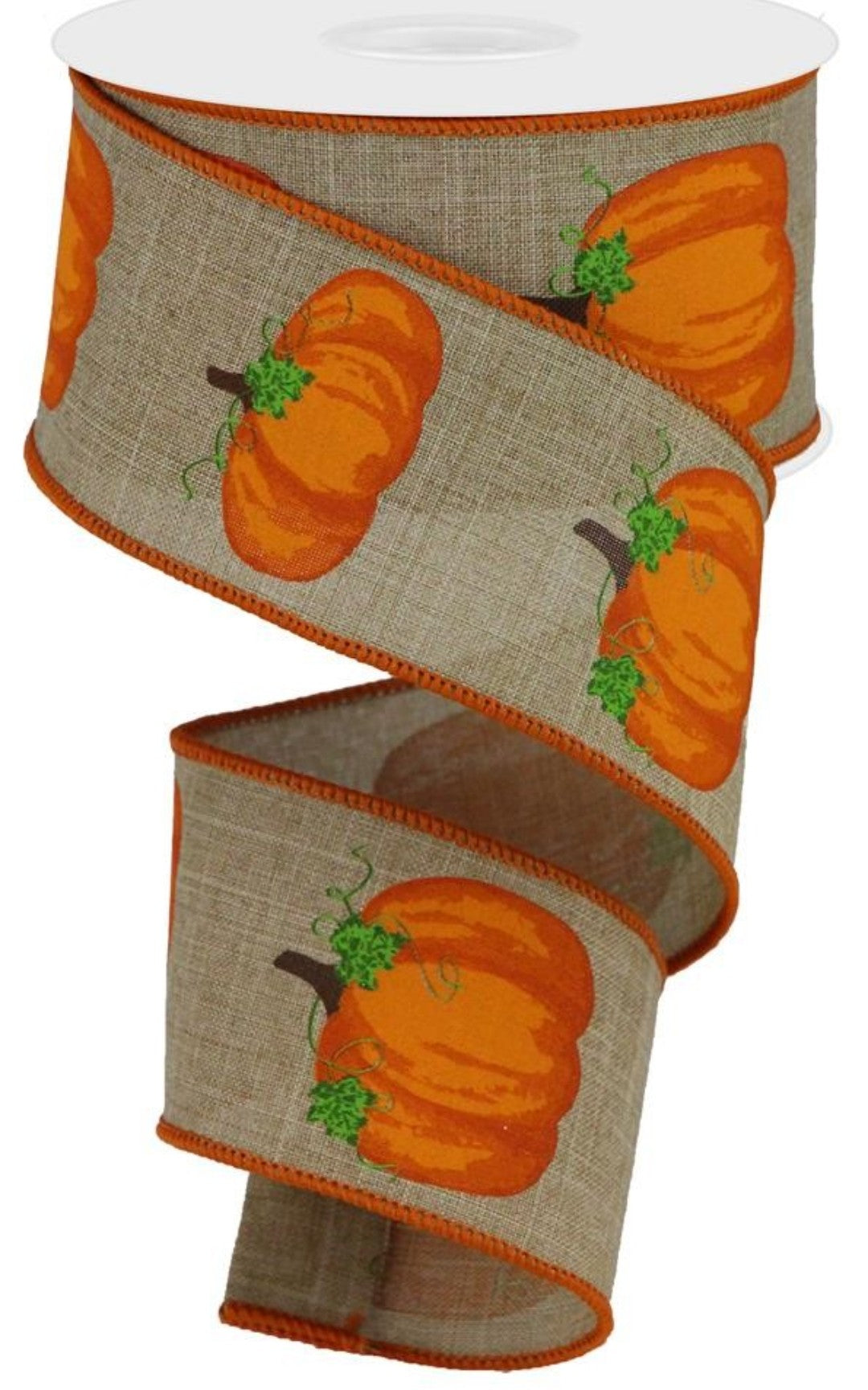 10 Yards - 2.5” Wired Natural Background with Orange Pumpkins Fall Ribbon