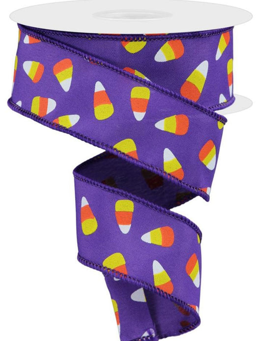 10 Yards - 1.5” Wired Purple Halloween Candy Corn Ribbon