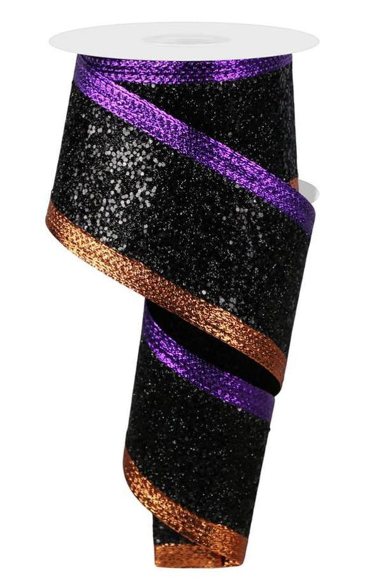 10 Yards - 2.5" Wired Heavy Glitter Black, Orange, and Purple Halloween Ribbon