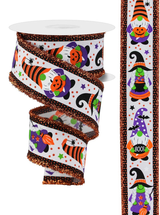 10 Yards - 2.5" Wired Halloween Witch Gnome Ribbon with Swiss Dot Edge