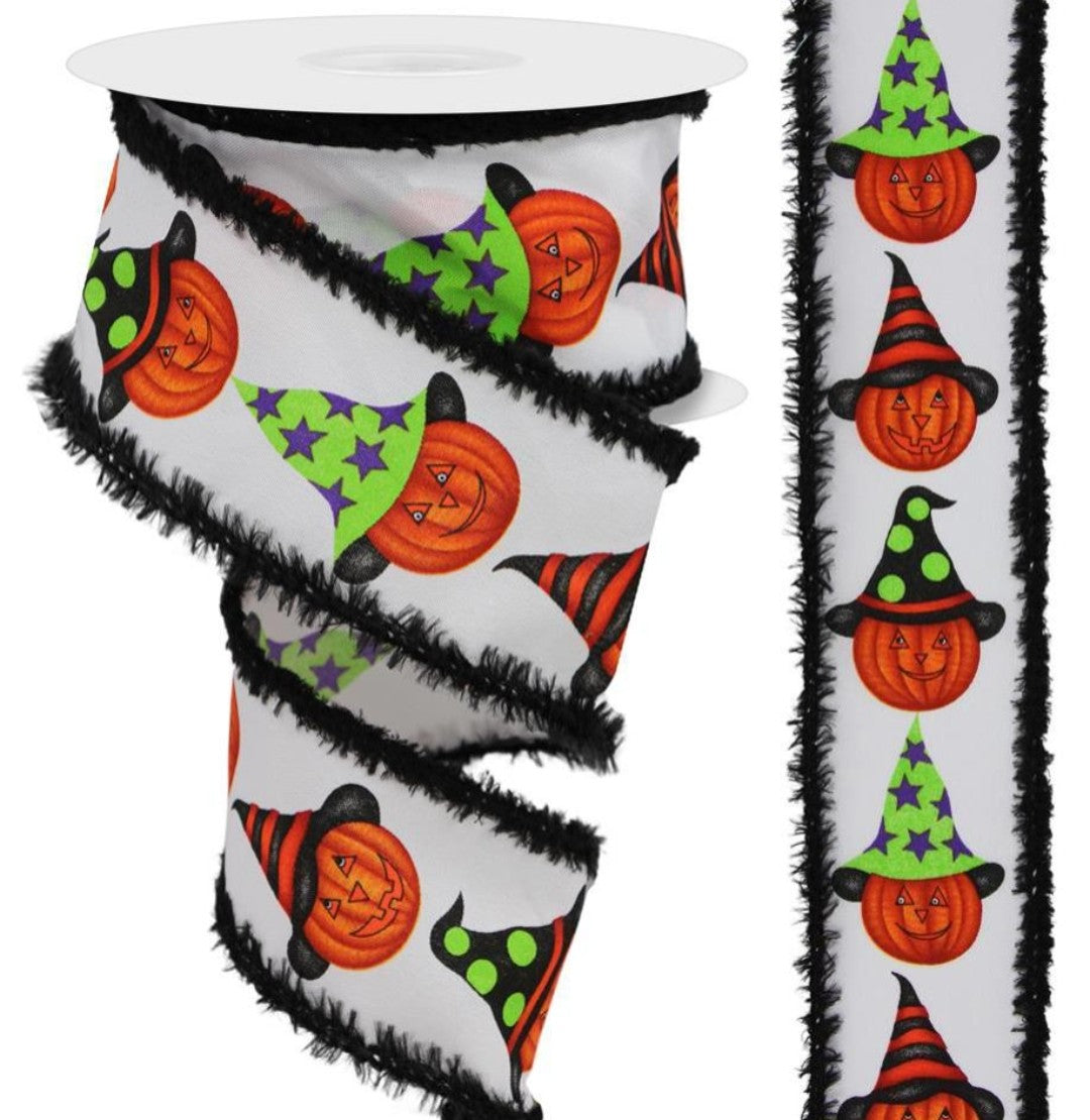 10 Yards - 2.5" Wired Jack-O-Lantern Witch Hat Halloween Ribbon with Black Drift Edge