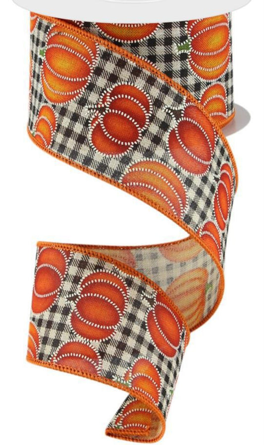 10 Yards - 2.5” Wired Gingham Background Faux Stitched Pumpkin Fall Ribbon