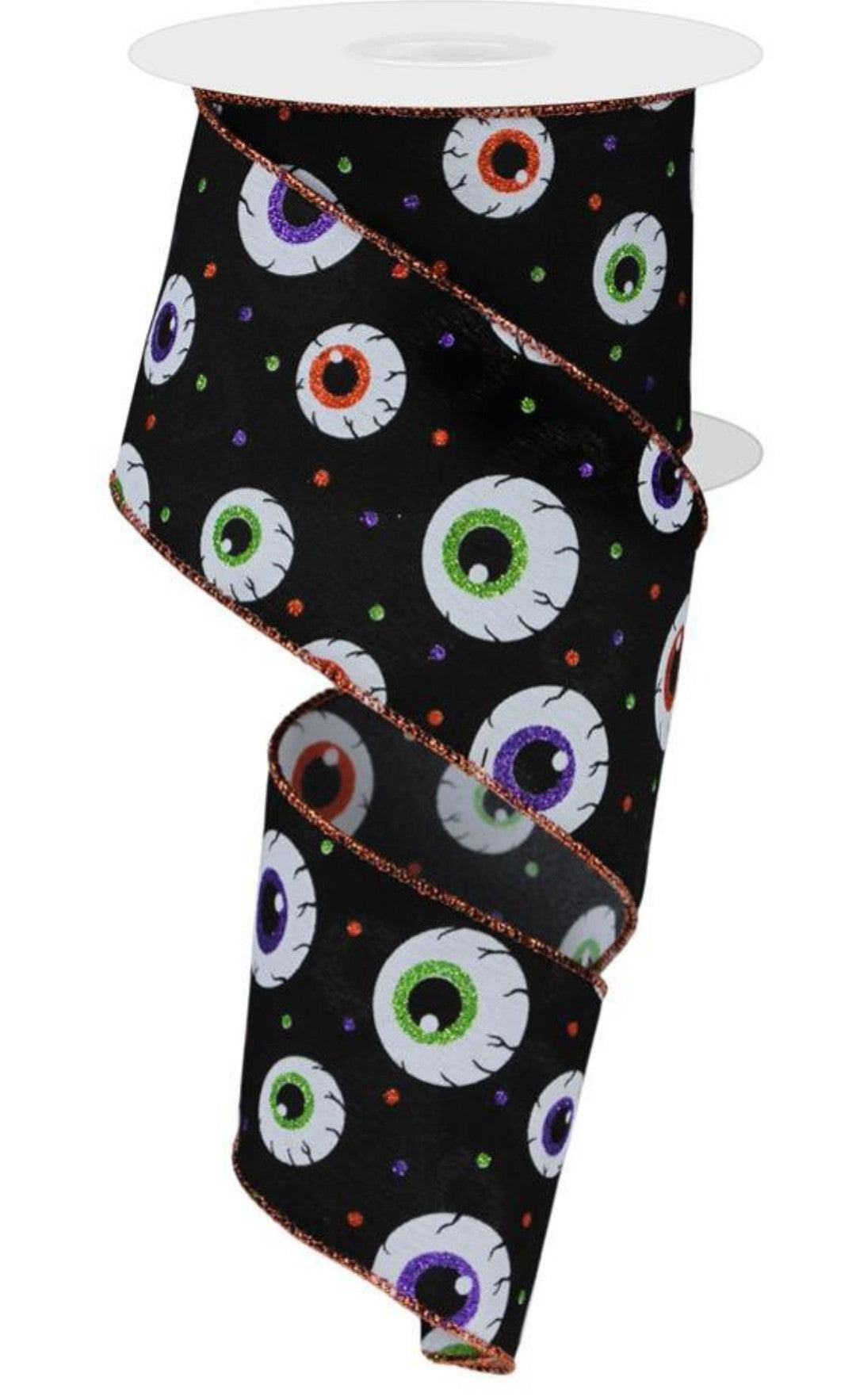 10 Yards - 2.5” Wired Black Background Eye Ball Halloween Ribbon with Glitter Accent