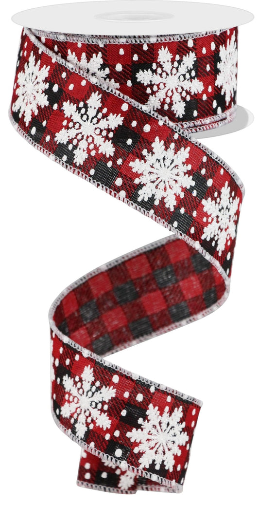 10 Yards - 1.5” Wired Red and Black Check Snowflake Ribbon with Glitter Accent