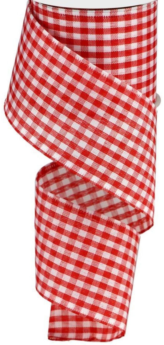 10 Yards - 2.5" Wired Red and White Gingham Check Ribbon