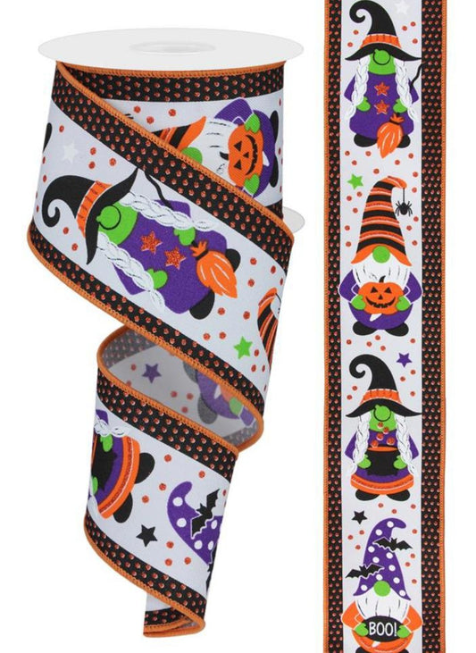 10 Yards - 2.5" Wired Halloween Witch Gnome Ribbon with Orange Tinsel Edge