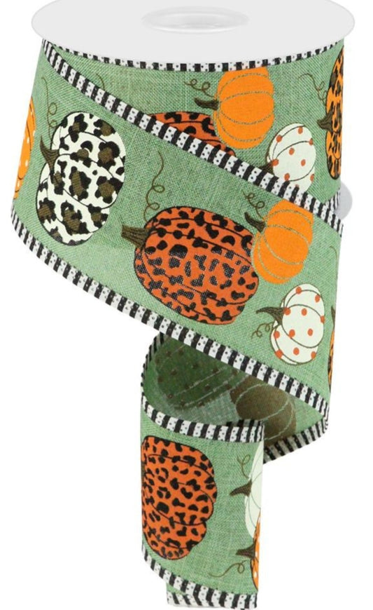 10 Yards - 2.5” Wired Clover Green Background Cheetah Print Fall Pumpkin Ribbon with Stripe Edge