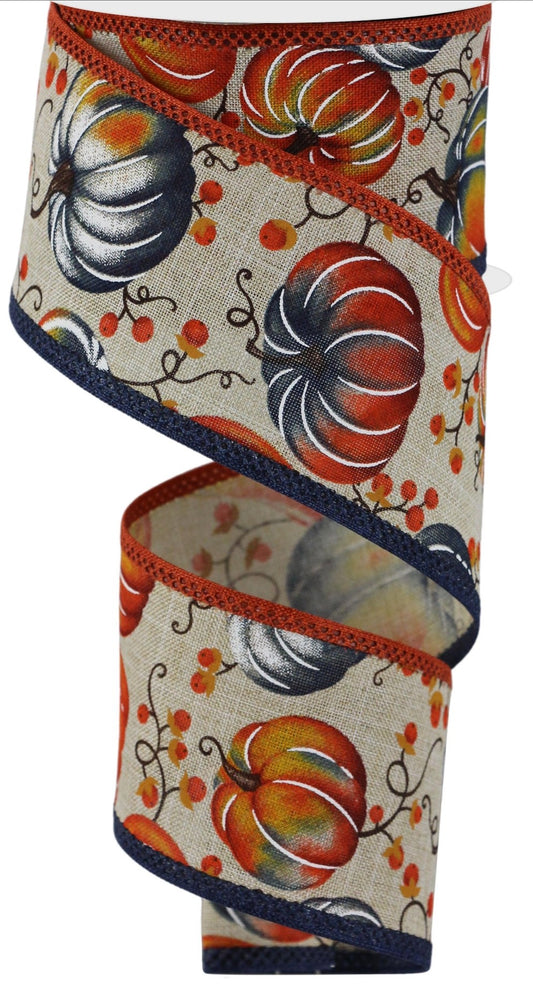 10 Yards - 2.5” Wired Natural Background Pumpkin Fall Ribbon with Navy and Orange Edge