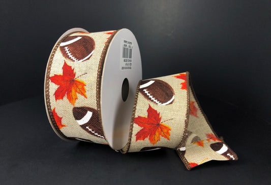 10 Yards - 1.5” Wired Fall Leaves Football Ribbon