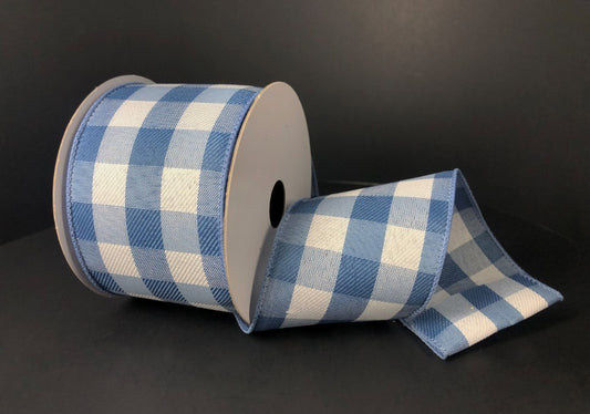 10 Yards - 2.5” Wired Blue and White Check Ribbon