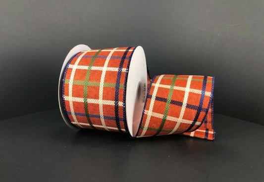 10 Yards - 2.5" Wired Burnt Orange, Navy Blue, Cream, and Green Fall Stitched Check Ribbon