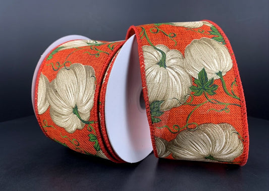 10 Yards - 2.5” Wired Burnt Orange Background White Pumpkin Fall Ribbon