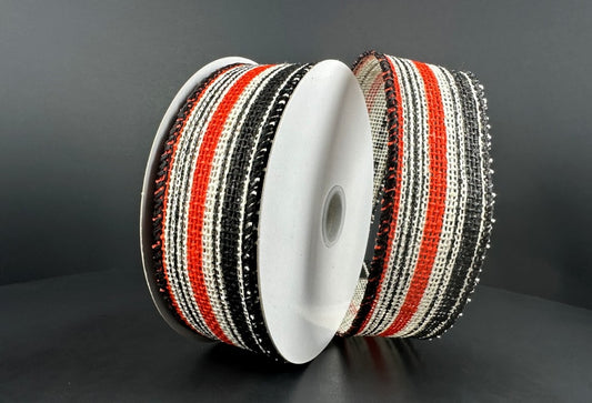 10 Yards - 1.5” Wired Black, Orange, and Cream Heavy Burlap Stripe Ribbon