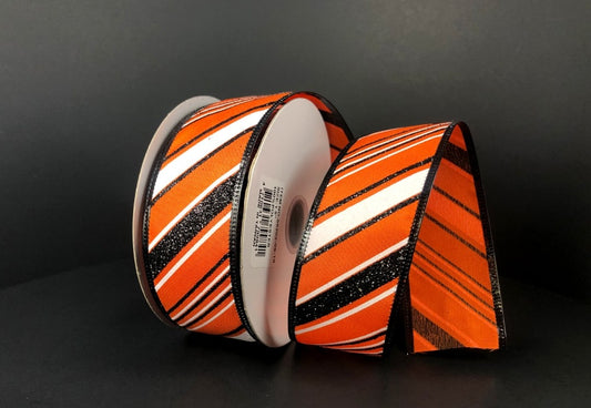 10 Yards - 1.5” Wired Black, White, and Orange Swirl Stripe Halloween Ribbon with Glitter Accent