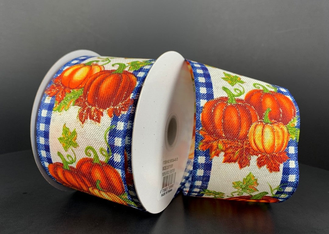 10 Yards - 2.5” Wired Blue Gingham Check Edge Pumpkin Fall Ribbon with Glitter Accent