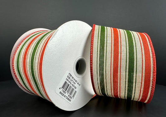 10 Yards - 2.5” Wired Natural, Orange, and Green Fall Stripe Ribbon