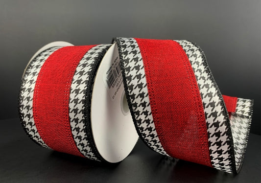 10 Yards - 2.5” Wired Crimson Ribbon with Black and White Houndstooth Edge