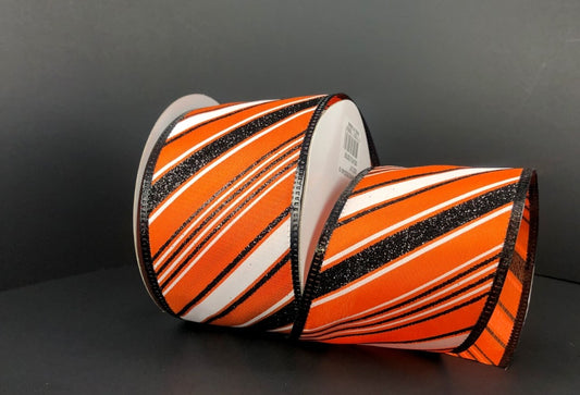 10 Yards - 2.5” Wired Black, White, and Orange Swirl Stripe Halloween Ribbon with Glitter Accent