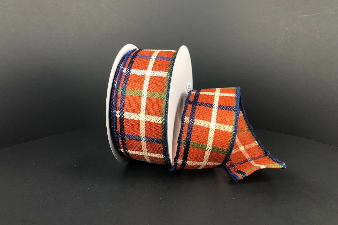 10 Yards - 1.5" Wired Burnt Orange, Navy Blue, Cream, and Green Fall Stitched Check Ribbon