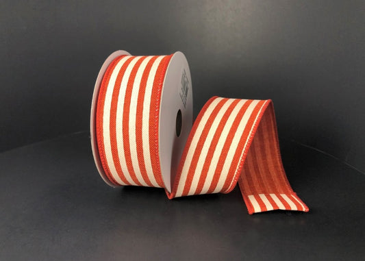 10 Yards - 1.5" Wired Burnt Orange and Cream Stripe Ribbon