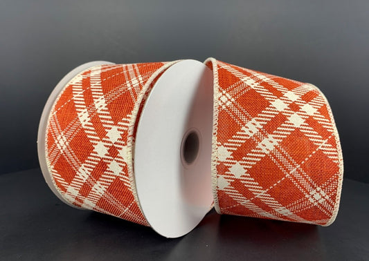 10 Yards - 2.5" Wired Burnt Orange and Cream Cross Check Ribbon