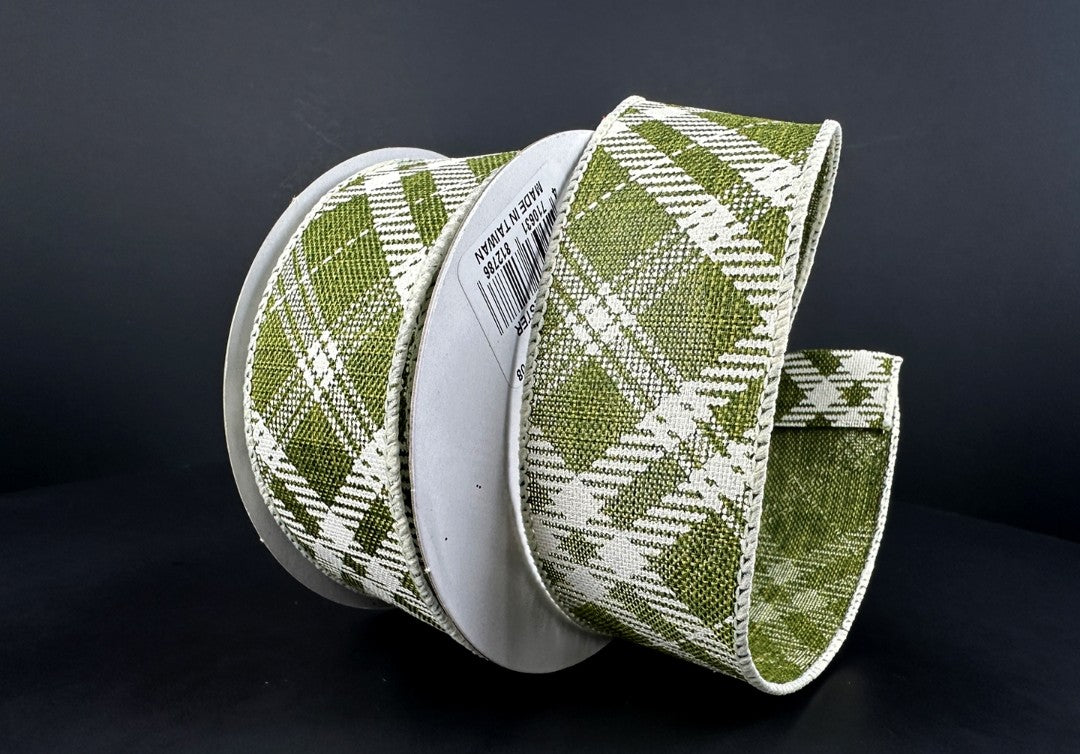 10 Yards - 1.5" Wired Olive Green and Cream Cross Check Ribbon