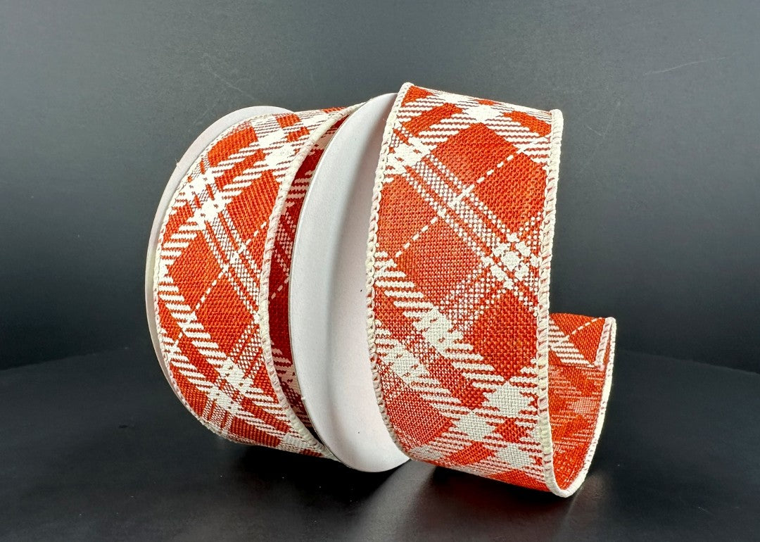 10 Yards - 1.5" Wired Burnt Orange and Cream Cross Check Ribbon