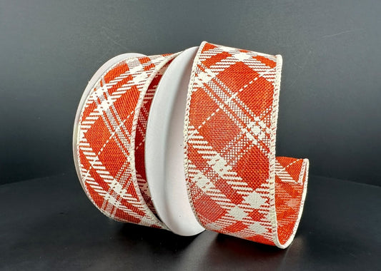 10 Yards - 1.5" Wired Burnt Orange and Cream Cross Check Ribbon