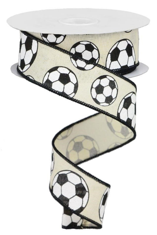 10 Yards - 1.5" Wired Cream Background Soccer Ribbon with Glitter Accent