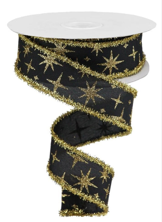 10 Yards - 1.5" Wired Black Background Glitter Stars Ribbon with Gold Tinsel Edging