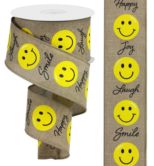 10 Yards - 2.5" Wired Natural Background Smiley Face Laugh, Smile, Happy, Joy Ribbon