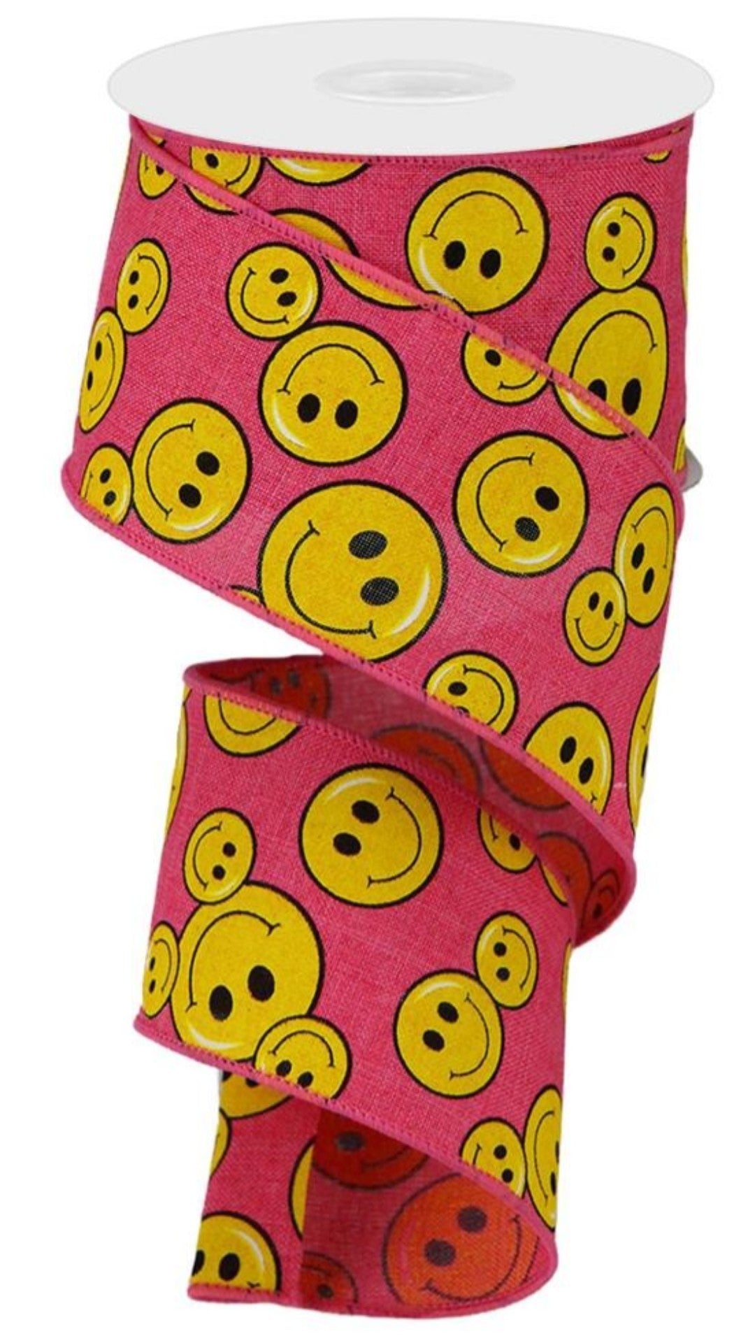 10 Yards - 2.5" Wired Fuchsia Pink Background Smiley Face Ribbon