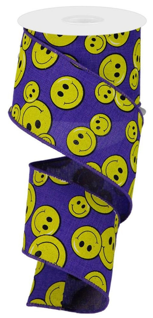 10 Yards - 2.5" Wired Purple Background Smiley Face Ribbon