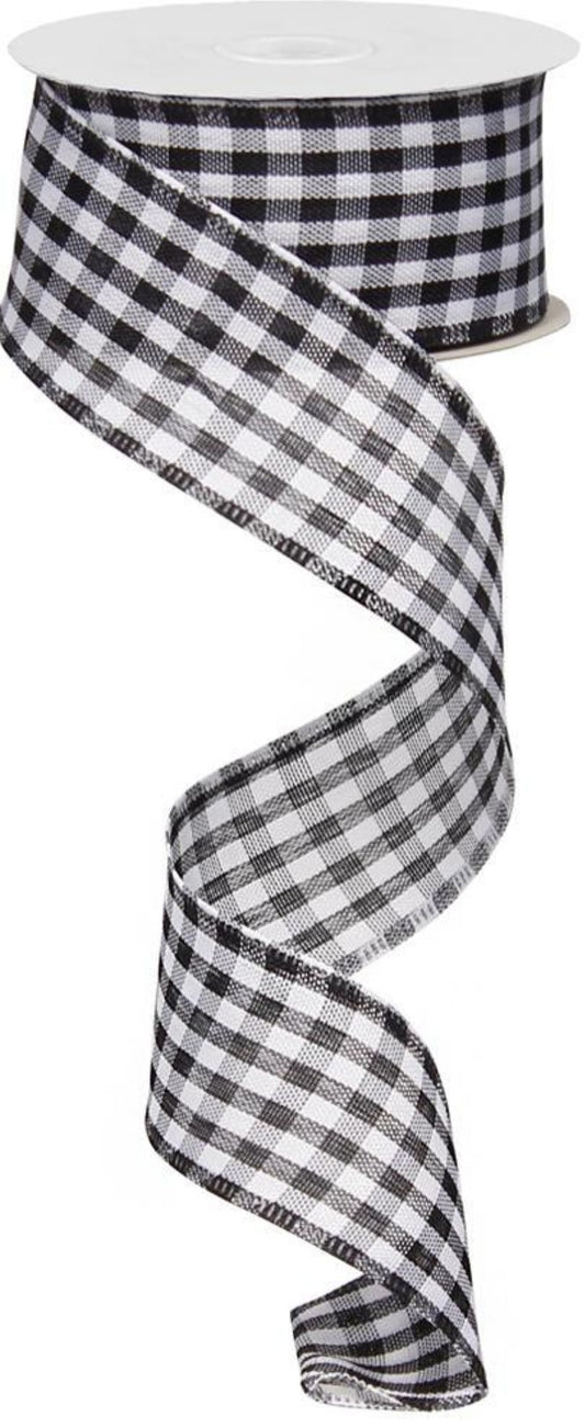 10 Yards - 1.5" Wired Black and White Gingham Ribbon