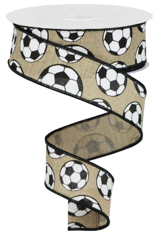 10 Yards - 1.5" Wired Natural Background Soccer Ribbon with Glitter Accent