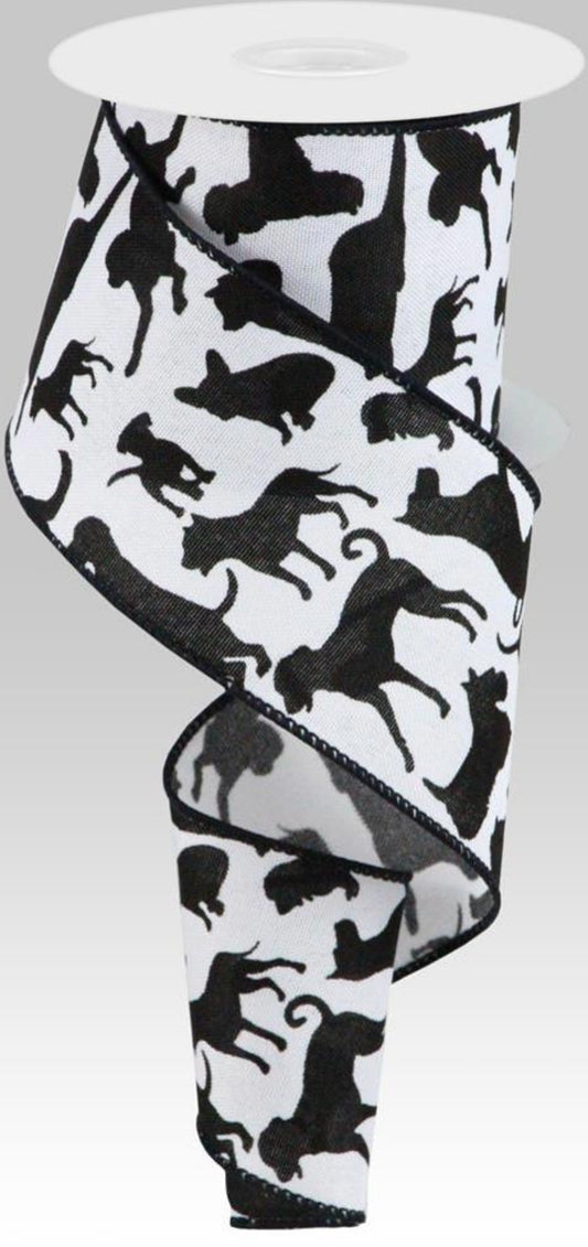 10 Yards - 2.5" Wired Black and White Dog Silhouette Ribbon