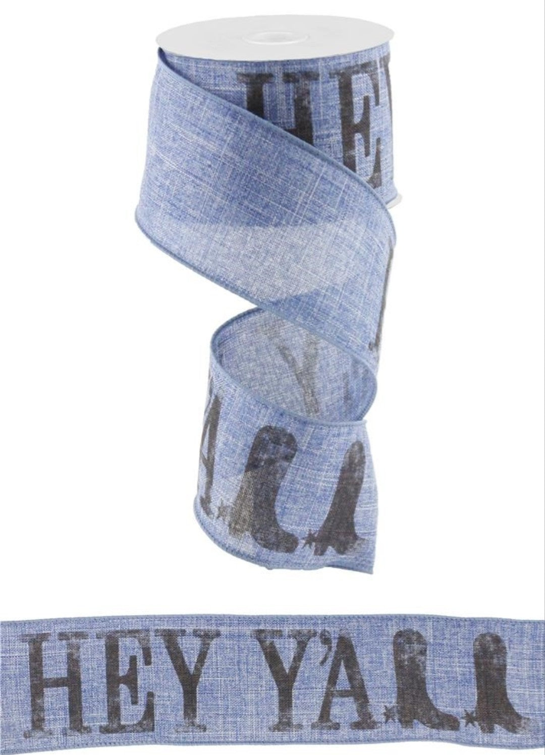 10 Yards - 2.5" Wired Denim Blue Background Hey Y'all Cowboy Boots Ribbon