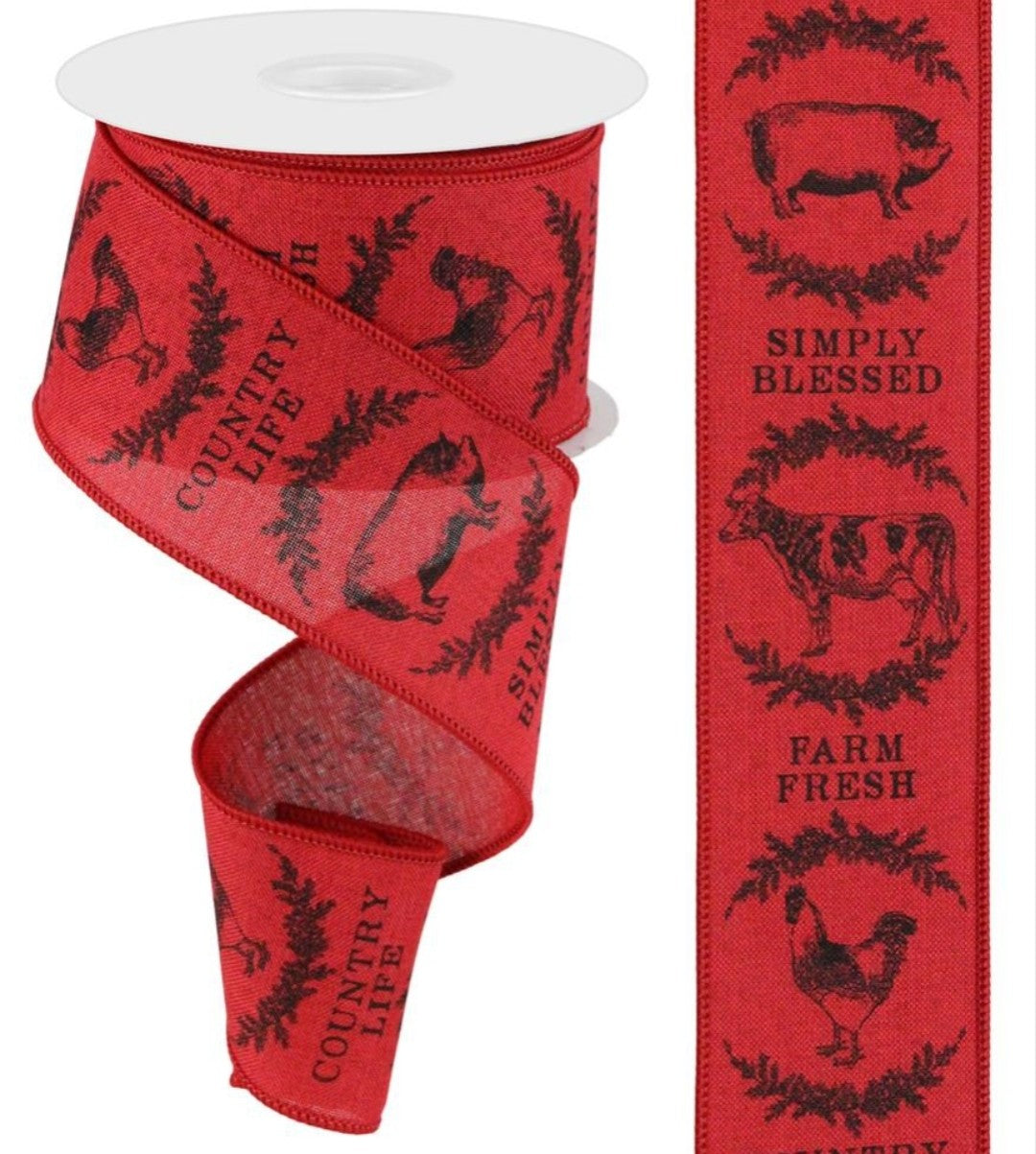 10 Yards - 2.5" Wired Red Background Farm Fresh Country Ribbon